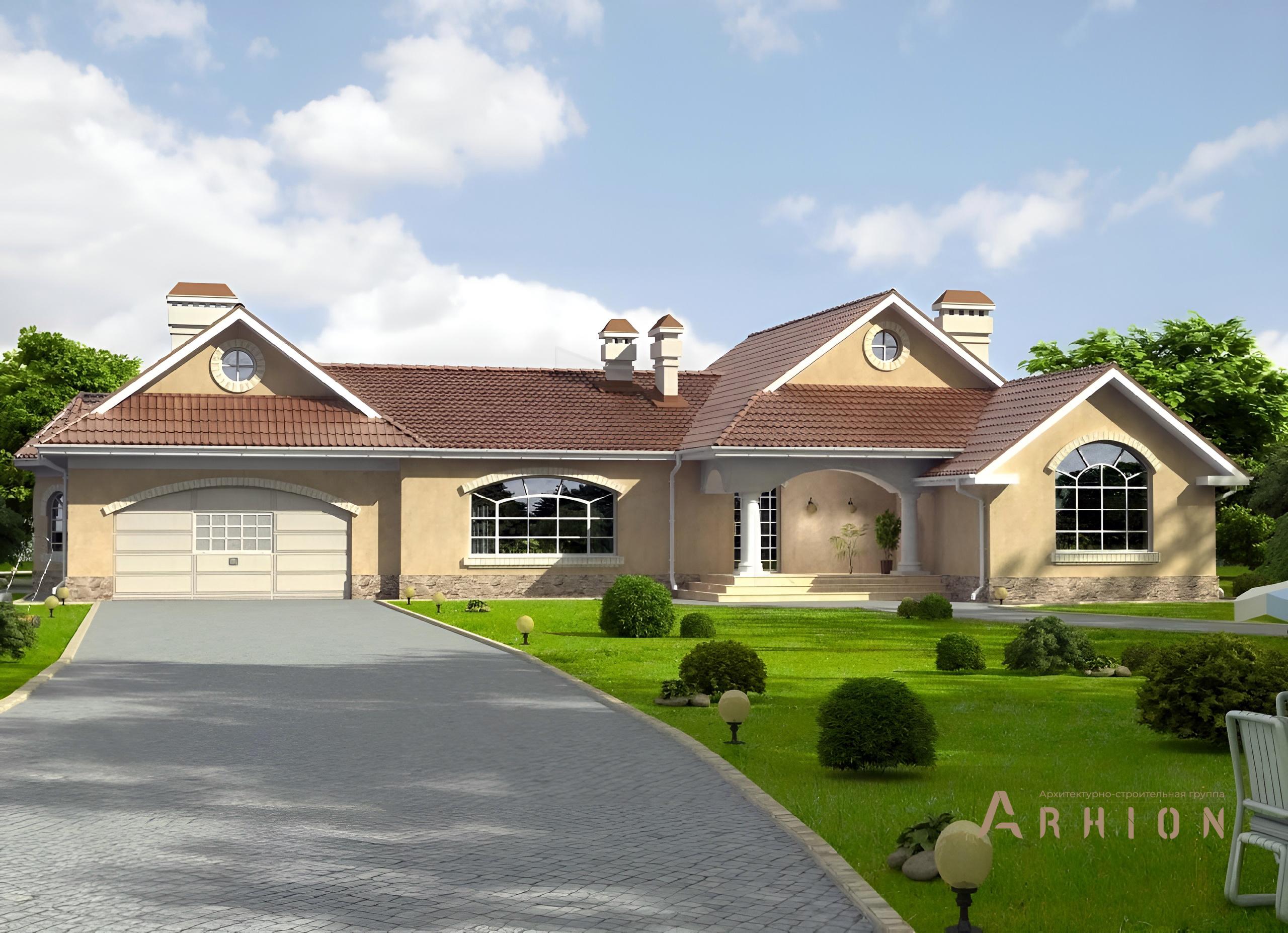 6. Проект одноэтажного дома в современном стиле с многоскатной кровлей, cp-49-95, площадью - 335 кв c гаражом